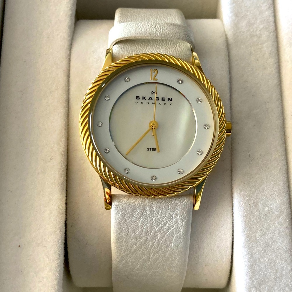 Skagen Watch, White Leather Band
